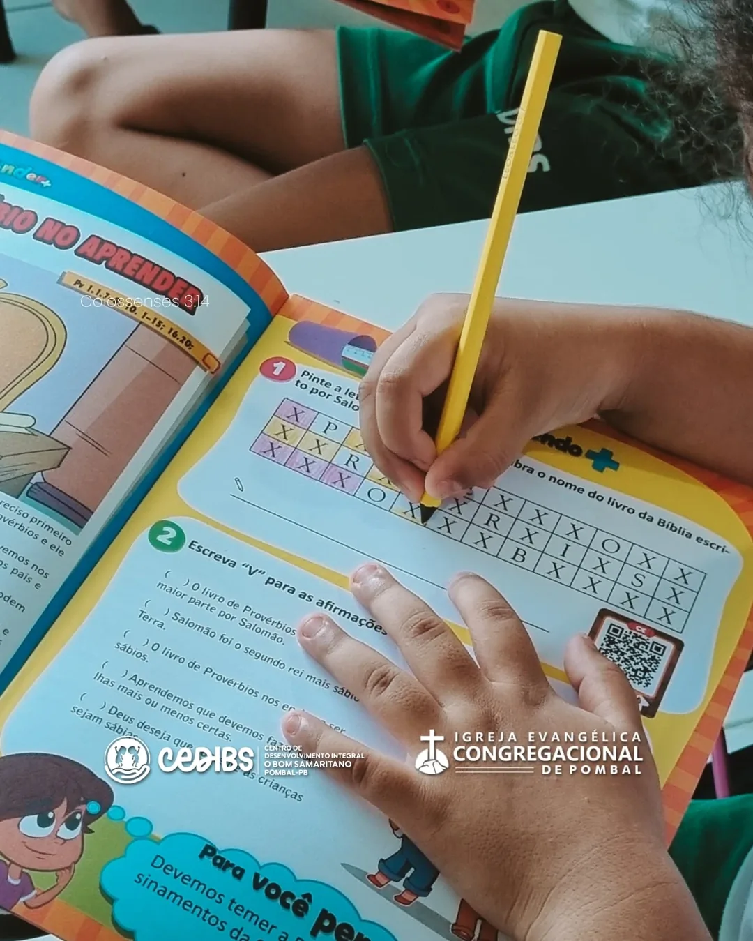 Criança faz uma atividade bíblica com lápis de cor; nas imagens, as marcas do CEDIBS e da IEC Pombal